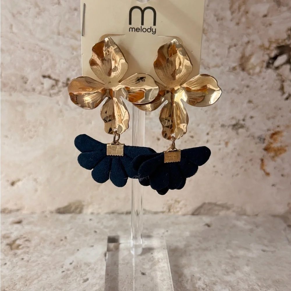 Gold & Navy Artisanal Floral Statement Earrings | Elegant Handcrafted Jewelry